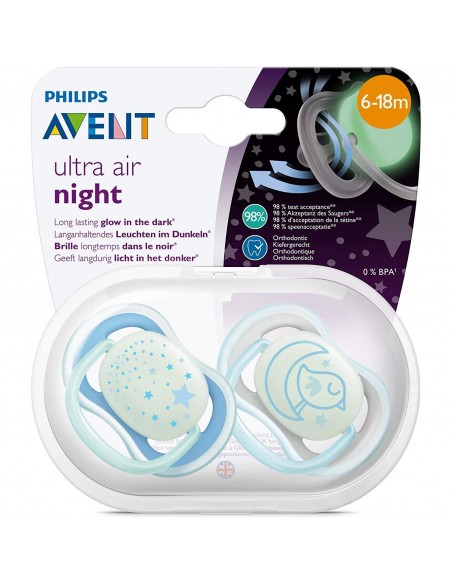 CHUPETE SILICONA PHILIPS AVENT ULTRA AIR NIGHT 6-18 M AZUL 2 UDS