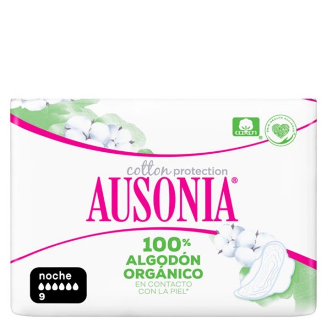 Compresas Ausonia Cotton Protection 100% Algodón Orgánico Noche 9 unidades